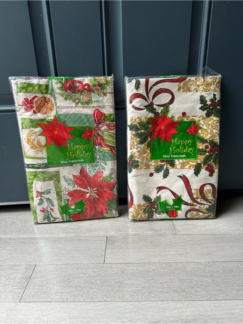 Set Of 2 Vintage Vinyl Poinsettia and holly berry Christmas Tablecloths 52x70”